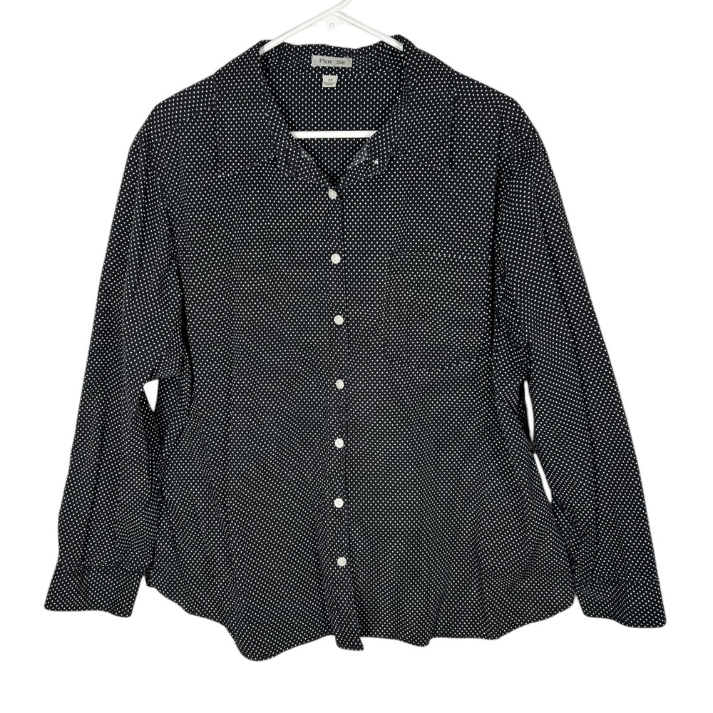 Per Se Womens 2X Black White Polka Dot Cotton Button Down Shirt Long Sleeve